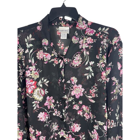 VTG Fashion Bug 30/32W Floral Blouse Black Pink Sheer Button Front Plus Size 4X - Picture 2 of 14